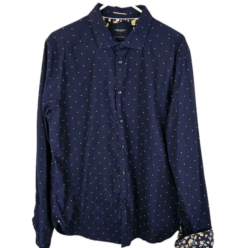 Denim & Flower Dark Blue Pka Dot Long Slv Button Down Shirt XL Y2K PREPPY FLORAL